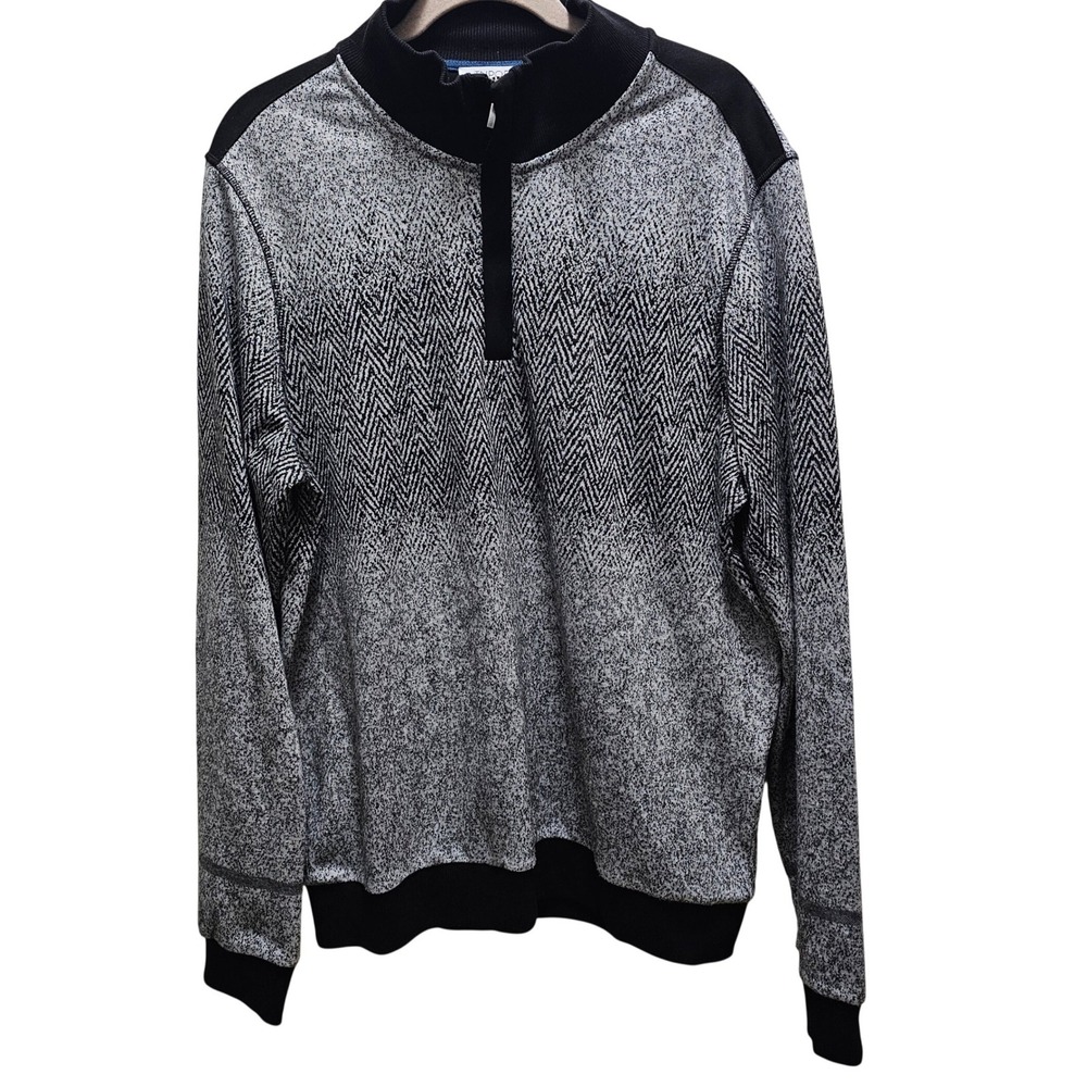 Inpore Mens 1/4 Zip Herringbone Gradient Pullover Sweater Black White L Preppy